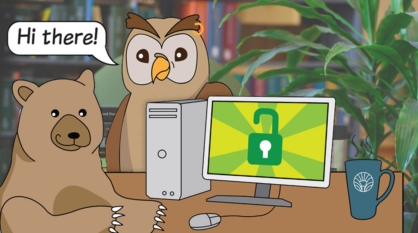 Librarian owl and patron bear use a library computer