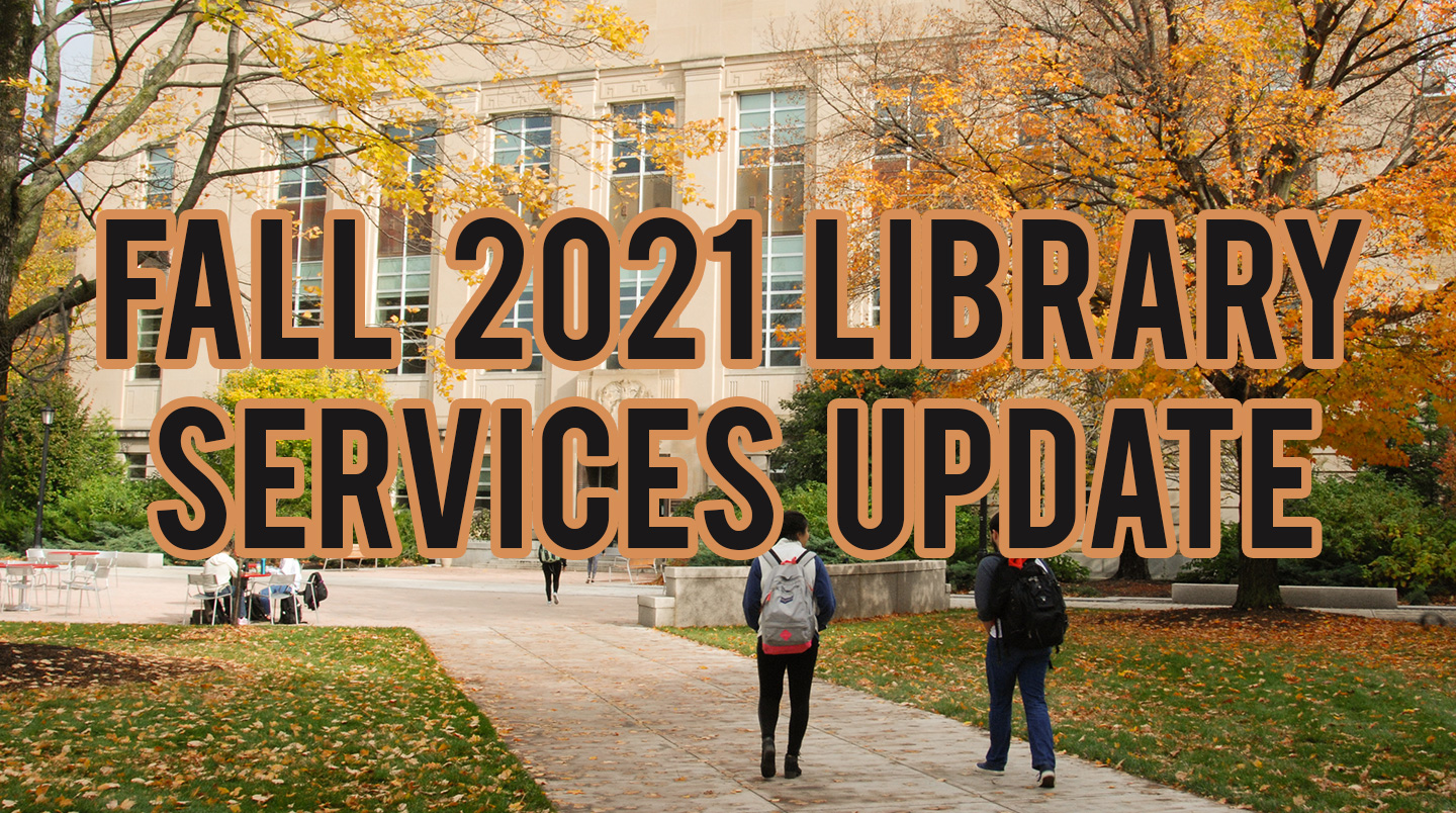 Image of exterior of Mann Library in fall with text