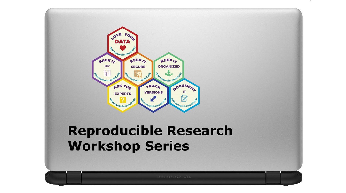Laptop with data management stickers that say Reproducible Research Workshop Series