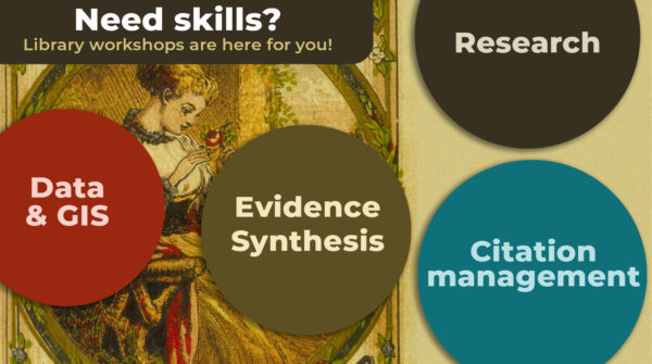 Need skills? Library workshops are here for you! Data & GIS, Evidence Synthesis, Research, and Citation Management