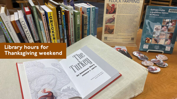 Photograph of book display, with text: Library hours for Thanksgiving weekend