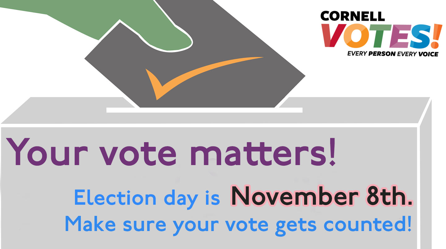 Cartoon image of hand putting ballot in box, with text: Your vote matters! Election day is November 8th. Make sure your vote gets counted! Cornell Votes! logo: Every person, every voice