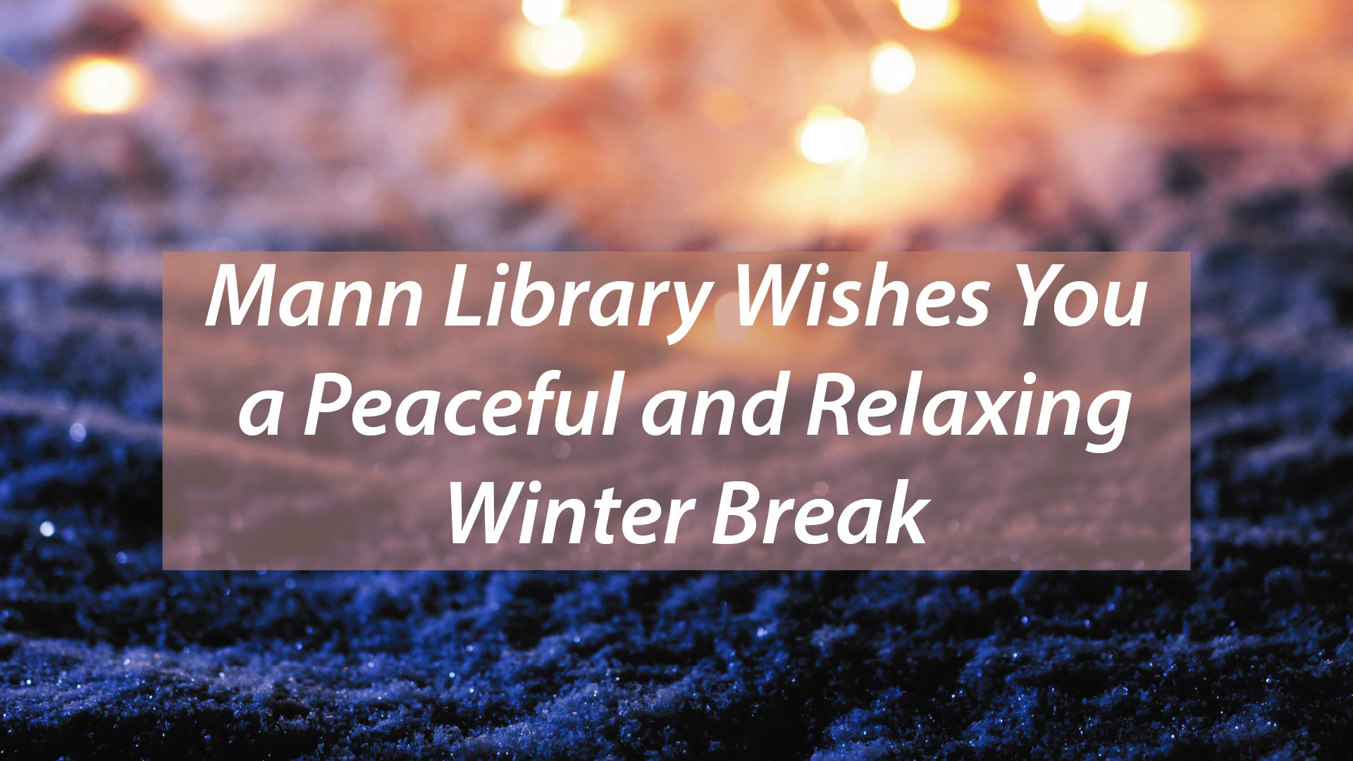 Image of snow, with text: Mann Library Wishes You a Peaceful and Relaxing Winter Break