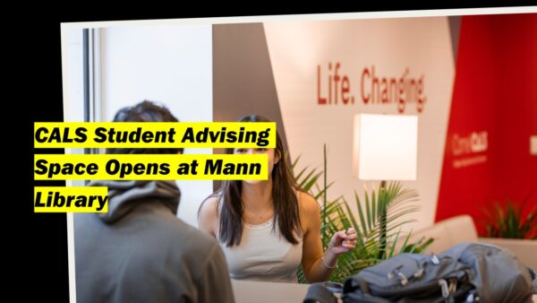 Photograph of students talking in CALS Zone, with text: CALS Student Advising Space Opens at Mann Library