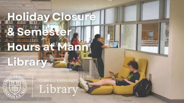 Interior view of Mann Library showing students using laptops in a bright study space, overlaid with text about holiday closure and semester hours