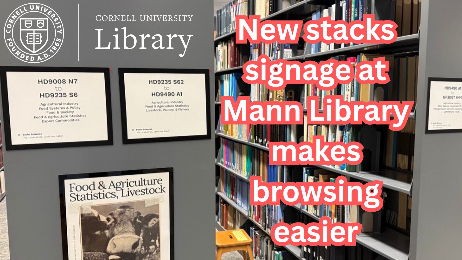 Stacks of books at Mann Library with new subject-based signage showing call number ranges and topics such as food and agriculture statistics. Overlaid text reads “New stacks signage at Mann Library makes browsing easier.”