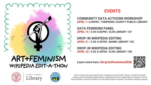 Poster for “Art + Feminism Wikipedia Edit-a-thon” featuring a raised fist holding a paintbrush inside a feminist symbol, with event dates and locations in April at Tompkins County Public Library and Cornell libraries.