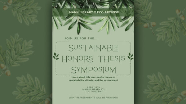 Promotional poster with a green, nature-themed design featuring leafy branches and acorns. Text reads: “Mann Library x Eco Artivism. Join us for the Sustainable Honors Thesis Symposium. Learn about this year’s senior theses on sustainability, climate, and the environment. April 24th, Mann Library 102, 1:00–4:00 PM. Light refreshments will be provided.”