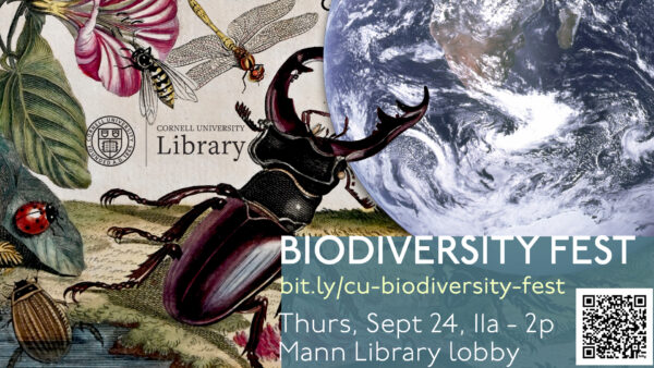Biodiversity Fest graphic featuring vintage illustrations of insects and plants alongside an image of Earth from space. Text reads: “Biodiversity Fest. Thurs, Sept 24, 11a–2p. Mann Library Lobby,” with a QR code and event link.