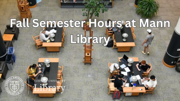 Overhead view of students studying at tables in Mann Library, with text reading “Fall Semester Hours at Mann Library” and the Cornell University Library logo.