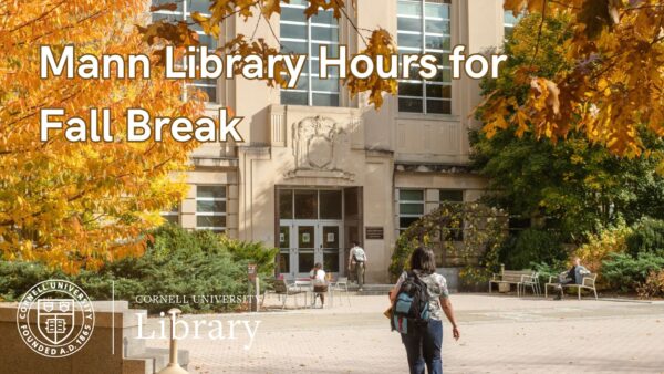 Fall foliage frames the entrance to Mann Library, with students walking and sitting outside. Large text reads 'Mann Library Hours for Fall Break,' with the Cornell University Library logo at the bottom left.