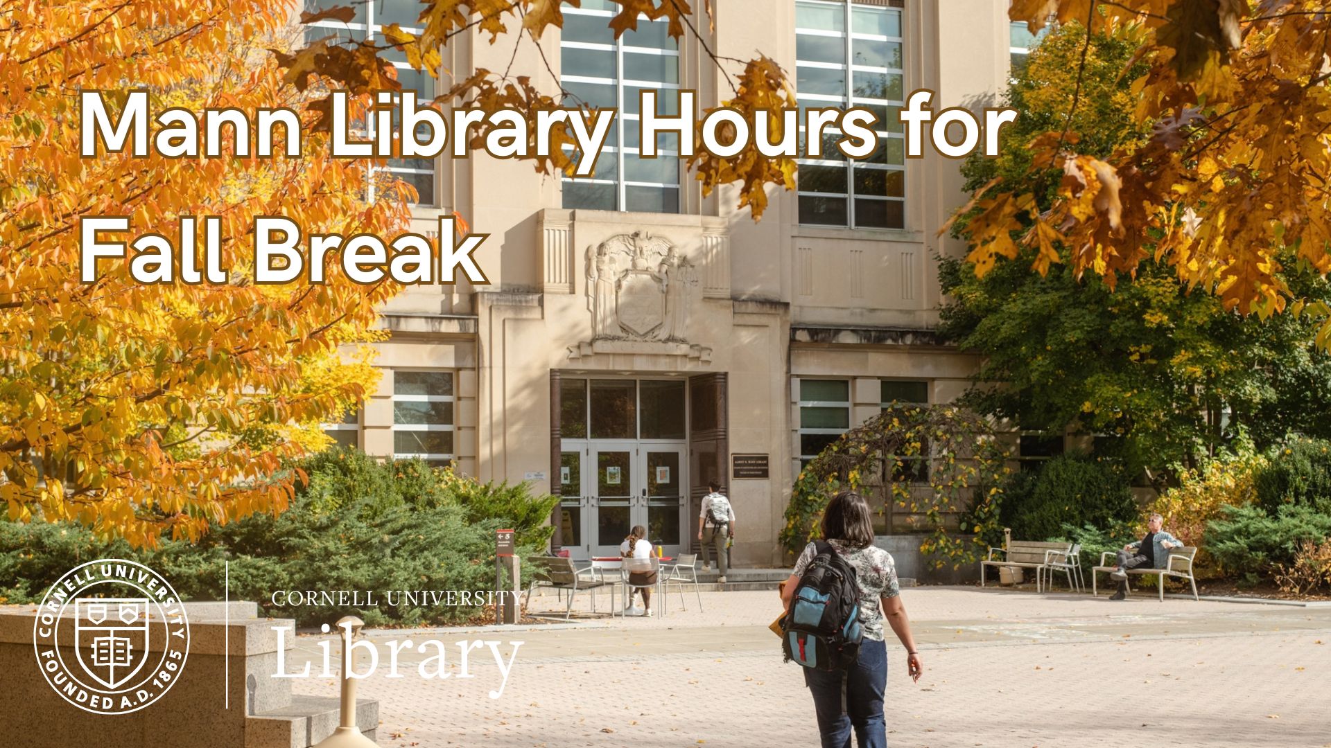 Fall foliage frames the entrance to Mann Library, with students walking and sitting outside. Large text reads 'Mann Library Hours for Fall Break,' with the Cornell University Library logo at the bottom left.